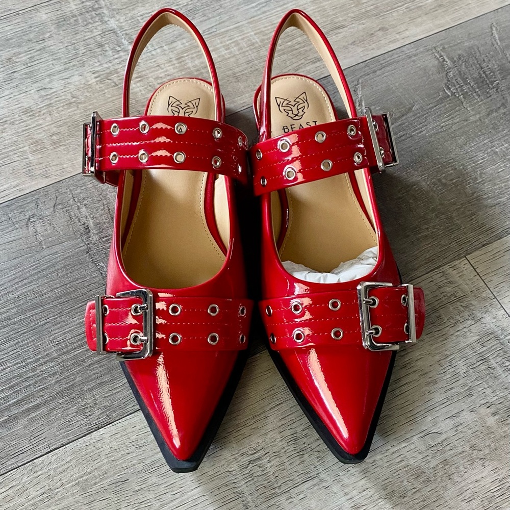 Beast Fashion Red Faux Patent Grommet Buckle Pointed Toe Shoes Flats Various